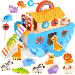 Toddlers Noah's Ark Toys with Wooden Animal Shape Sorters, Baptism Gifts for Girls Boys 2 3 4 Years Old, Montessori Educational Toys for Toddlers, Bible Story Book for Kids Ages 2-4