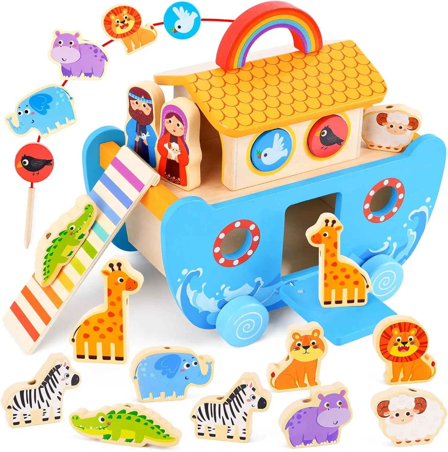 Toddlers Noah's Ark Toys with Wooden Animal Shape Sorters, Baptism Gifts for Girls Boys 2 3 4 Years Old, Montessori Educational Toys for Toddlers, Bible Story Book for Kids Ages 2-4