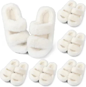 Toulite Bridesmaid Slippers Set of 6 White Fuzzy Slippers for Women Bulk Fluffy Furry Open Toe Soft House Shoes
