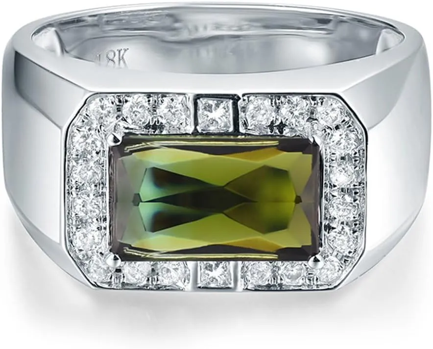 Tourmaline Ring For Men, 18K White Gold Rings - Green Tourmaline Ring with Diamond, Natural Tourmaline Green Stone Ring & Real Diamond Ring For Couple Engagement Ring
