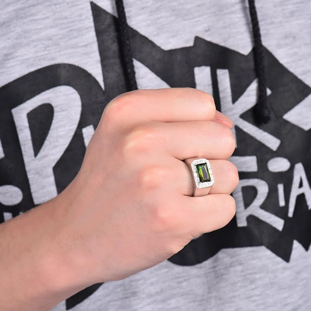 Tourmaline Ring For Men, 18K White Gold Rings - Green Tourmaline Ring with Diamond, Natural Tourmaline Green Stone Ring & Real Diamond Ring For Couple Engagement Ring
