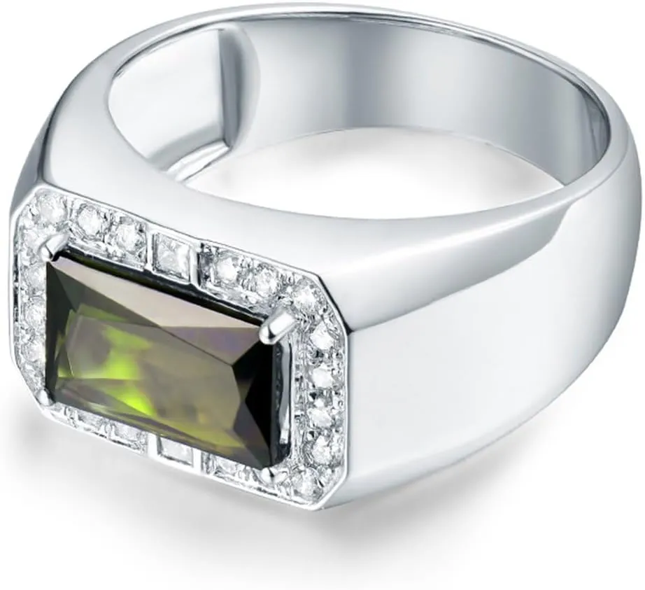 Tourmaline Ring For Men, 18K White Gold Rings - Green Tourmaline Ring with Diamond, Natural Tourmaline Green Stone Ring & Real Diamond Ring For Couple Engagement Ring