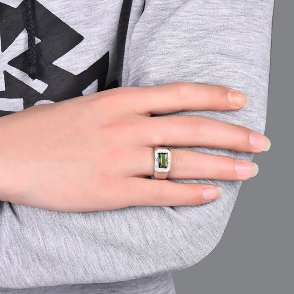 Tourmaline Ring For Men, 18K White Gold Rings - Green Tourmaline Ring with Diamond, Natural Tourmaline Green Stone Ring & Real Diamond Ring For Couple Engagement Ring