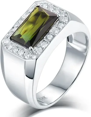 Tourmaline Ring For Men, 18K White Gold Rings - Green Tourmaline Ring with Diamond, Natural Tourmaline Green Stone Ring & Real Diamond Ring For Couple Engagement Ring