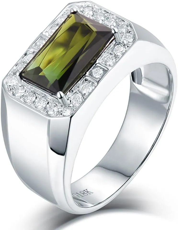 Tourmaline Ring For Men, 18K White Gold Rings - Green Tourmaline Ring with Diamond, Natural Tourmaline Green Stone Ring & Real Diamond Ring For Couple Engagement Ring