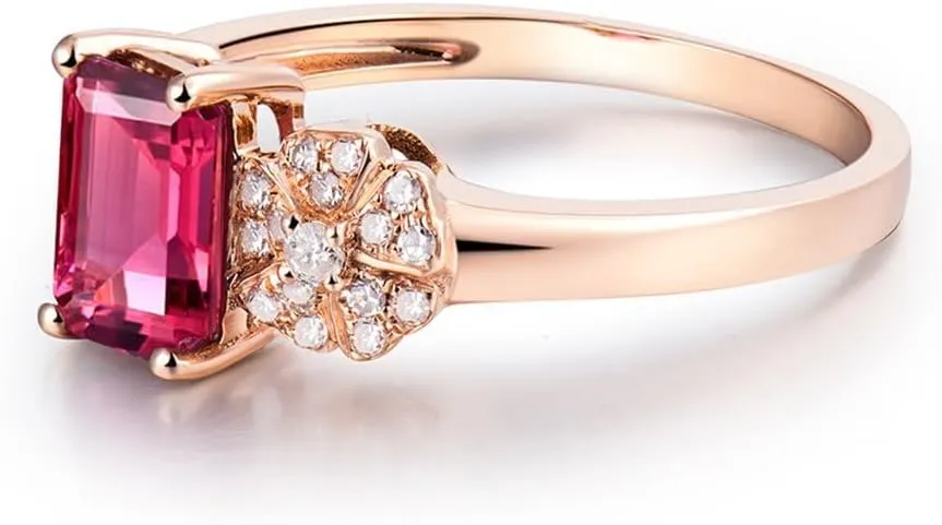 Tourmaline Ring For Women, 14K Rose Gold Rings - Pink Tourmaline Ring with Diamond, Natural Tourmaline Pink Ring & Real Diamond Gemstone Rings For Couple Engagement Ring