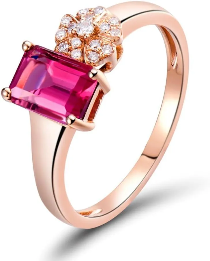 Tourmaline Ring For Women, 14K Rose Gold Rings - Pink Tourmaline Ring with Diamond, Natural Tourmaline Pink Ring & Real Diamond Gemstone Rings For Couple Engagement Ring