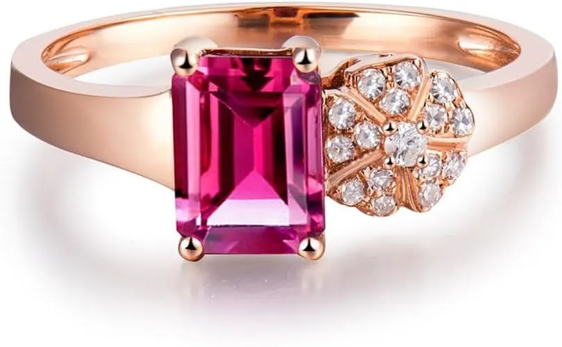 Tourmaline Ring For Women, 14K Rose Gold Rings - Pink Tourmaline Ring with Diamond, Natural Tourmaline Pink Ring & Real Diamond Gemstone Rings For Couple Engagement Ring