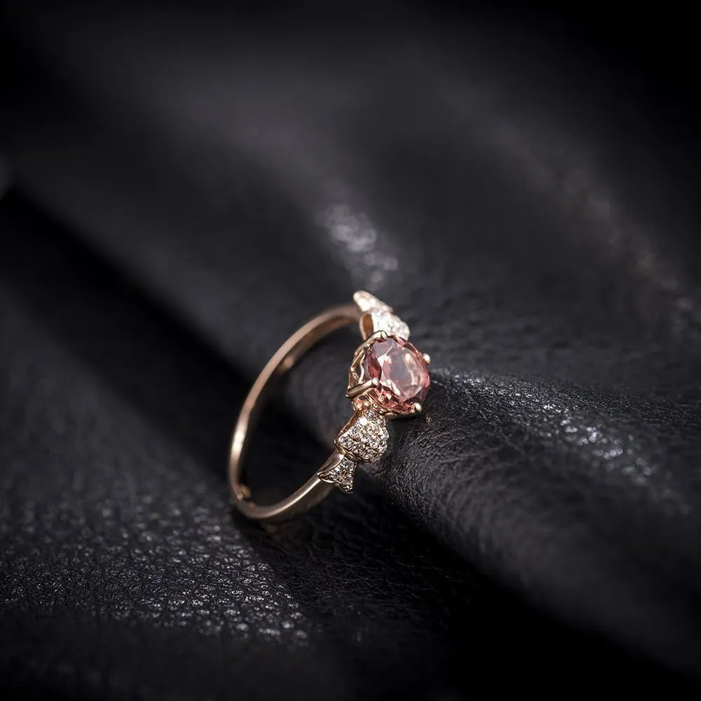 Tourmaline Ring For Women, 14K Rose Gold Rings - Pink Tourmaline Ring with Diamond, Round 6mm Natural Tourmaline Pink Stone Ring & Real Diamond Gemstone Rings For Couple Engagement Ring