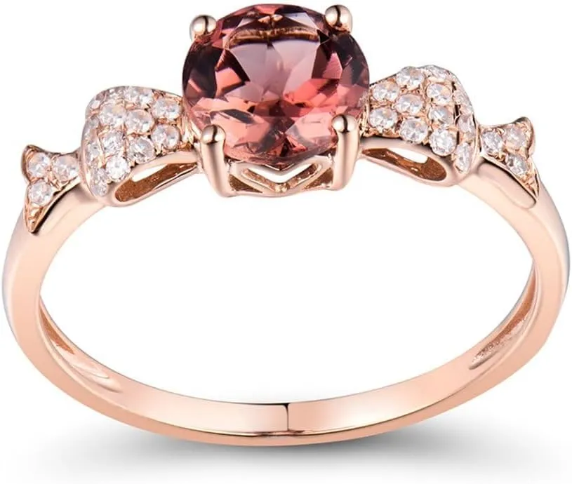 Tourmaline Ring For Women, 14K Rose Gold Rings - Pink Tourmaline Ring with Diamond, Round 6mm Natural Tourmaline Pink Stone Ring & Real Diamond Gemstone Rings For Couple Engagement Ring