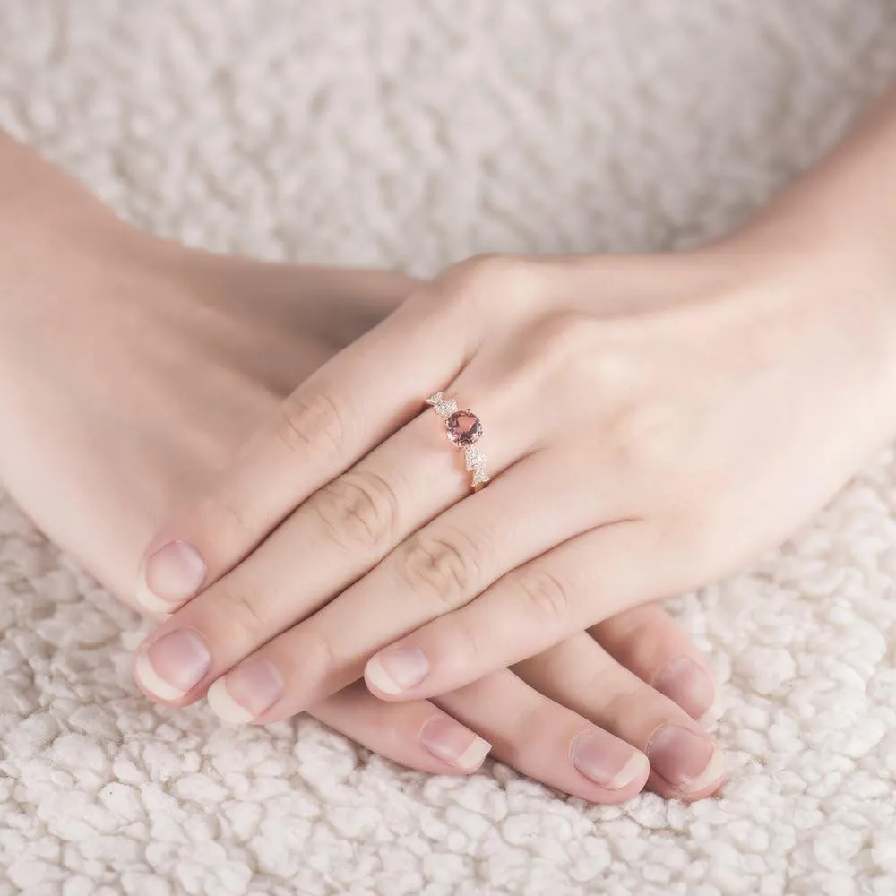 Tourmaline Ring For Women, 14K Rose Gold Rings - Pink Tourmaline Ring with Diamond, Round 6mm Natural Tourmaline Pink Stone Ring & Real Diamond Gemstone Rings For Couple Engagement Ring