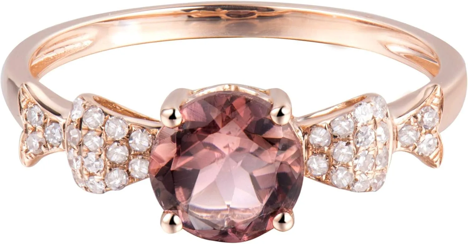 Tourmaline Ring For Women, 14K Rose Gold Rings - Pink Tourmaline Ring with Diamond, Round 6mm Natural Tourmaline Pink Stone Ring & Real Diamond Gemstone Rings For Couple Engagement Ring