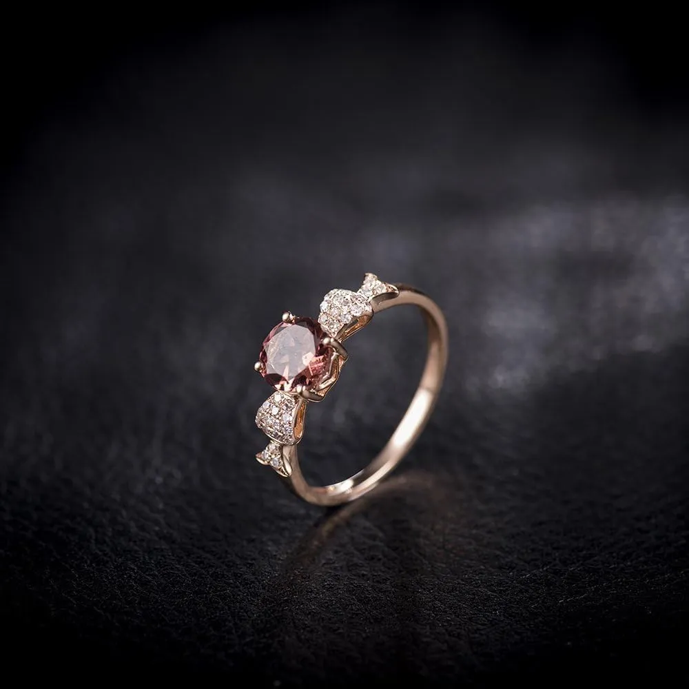 Tourmaline Ring For Women, 14K Rose Gold Rings - Pink Tourmaline Ring with Diamond, Round 6mm Natural Tourmaline Pink Stone Ring & Real Diamond Gemstone Rings For Couple Engagement Ring