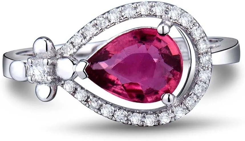 Tourmaline Ring For Women, 14K White Gold Rings - Pink Tourmaline Ring with Diamond, Natural Pear 6x8mm Tourmaline Pink Ring & Real Diamond Gemstone Rings For Couple Engagement Ring