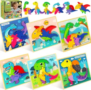 TOY Life Wooden Puzzles for Toddlers 2-4, 6 Pack Dinosaurs Puzzles for Toddler 1-3, Kids Montessori Toys for 1 2 3 Year Old, Educational Toys for Boys Girls Age 2 3 4 5, Baby Learning Toy Gifts