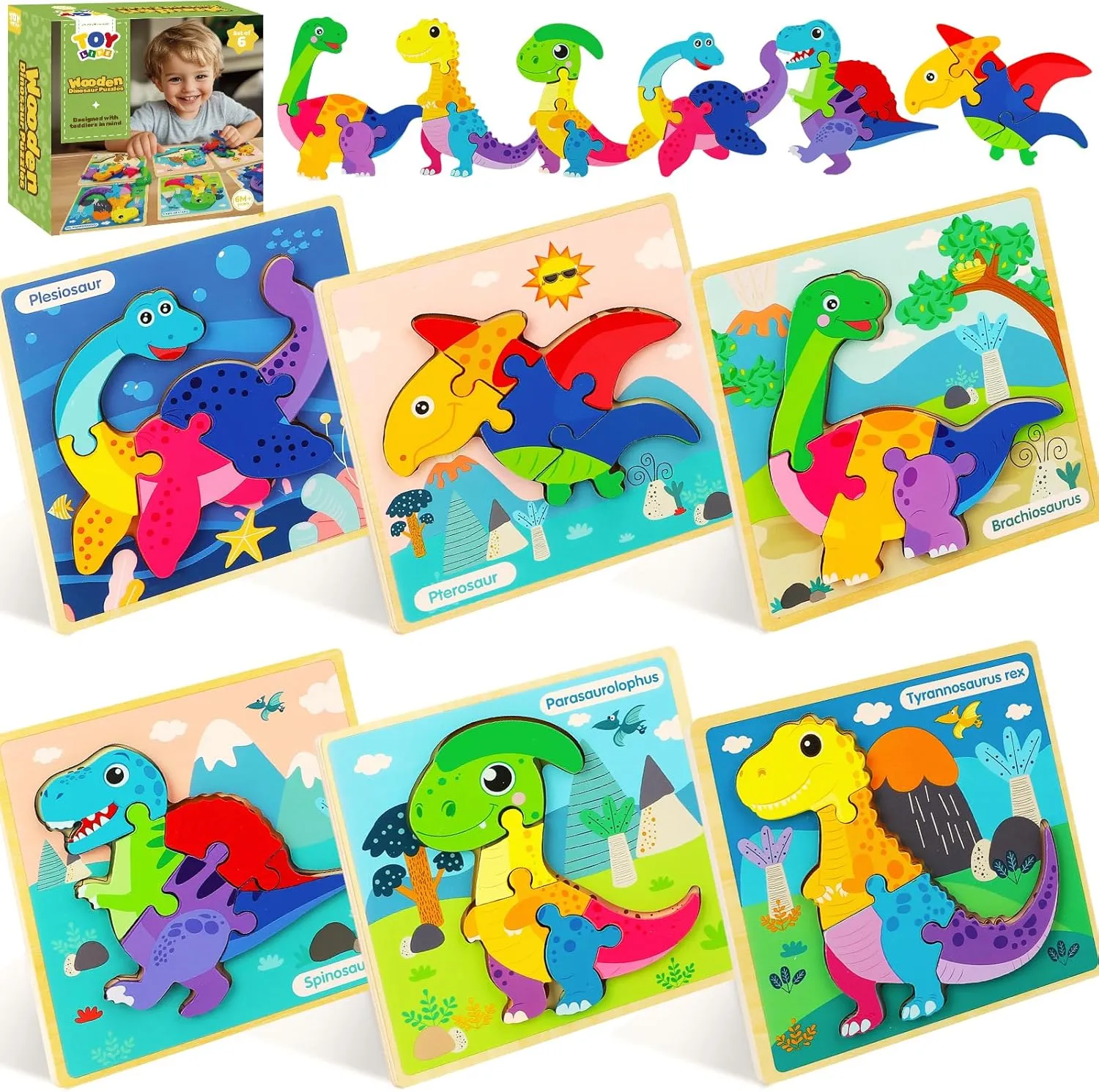 TOY Life Wooden Puzzles for Toddlers 2-4, 6 Pack Dinosaurs Puzzles for Toddler 1-3, Kids Montessori Toys for 1 2 3 Year Old, Educational Toys for Boys Girls Age 2 3 4 5, Baby Learning Toy Gifts