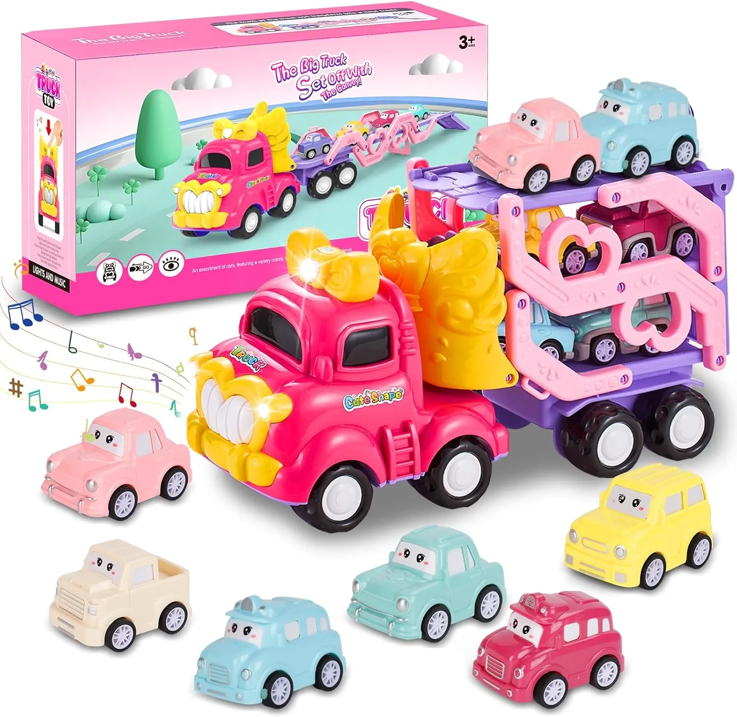 Toy Truck for 1, 2, 3, 4, 5, 6  Year Old Girls, 7-in-1 Foldable Truck with Light & Music Educational Toy for Toddlers Great Gift for Girls