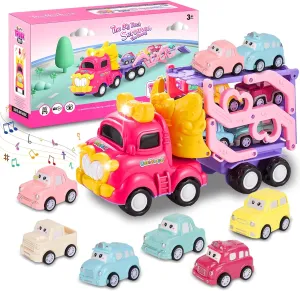 Toy Truck for 1, 2, 3, 4, 5, 6  Year Old Girls, 7-in-1 Foldable Truck with Light & Music Educational Toy for Toddlers Great Gift for Girls