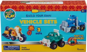 Toysmith Build Your Own Vehicle Set, Build 3 Different Vehicles from 84 Pieces, Set Includes Motorcycle, Off-Road Truck & Semi-Truck, Interactive DIY Toys, Great Gift for Boys and Girls, for Ages 3 