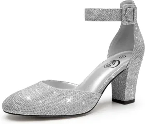 Trary Heels for Women, Low Heel Closed Round Toe Chunky Block Nude Heels Adjustable Ankle Strap Comfy Pumps Shoes Black Heels for Women Versatility Heels Wedding Daily Dressy 2.75" Heels