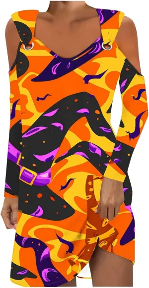 Trendy Halloween Prints Short Dress Long Sleeve Unique Casual Shift Midi Dress Cold Shoulder Party Graphic Dresses
