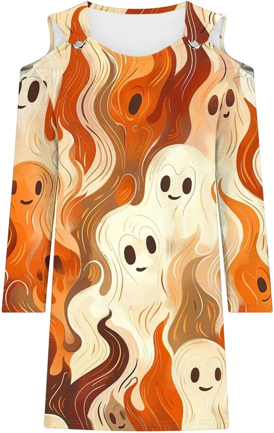 Trendy Halloween Prints Short Dress Long Sleeve Unique Casual Shift Midi Dress Cold Shoulder Party Graphic Dresses