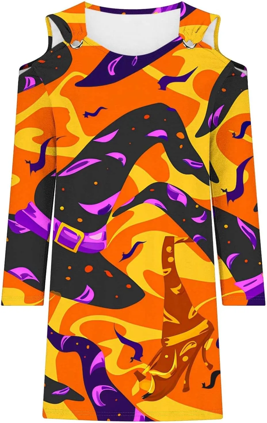 Trendy Halloween Prints Short Dress Long Sleeve Unique Casual Shift Midi Dress Cold Shoulder Party Graphic Dresses