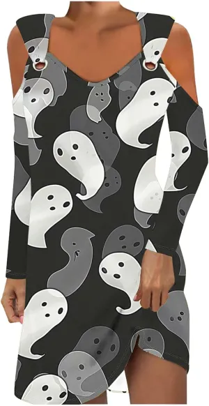 Trendy Halloween Prints Short Dress Long Sleeve Unique Casual Shift Midi Dress Cold Shoulder Party Graphic Dresses