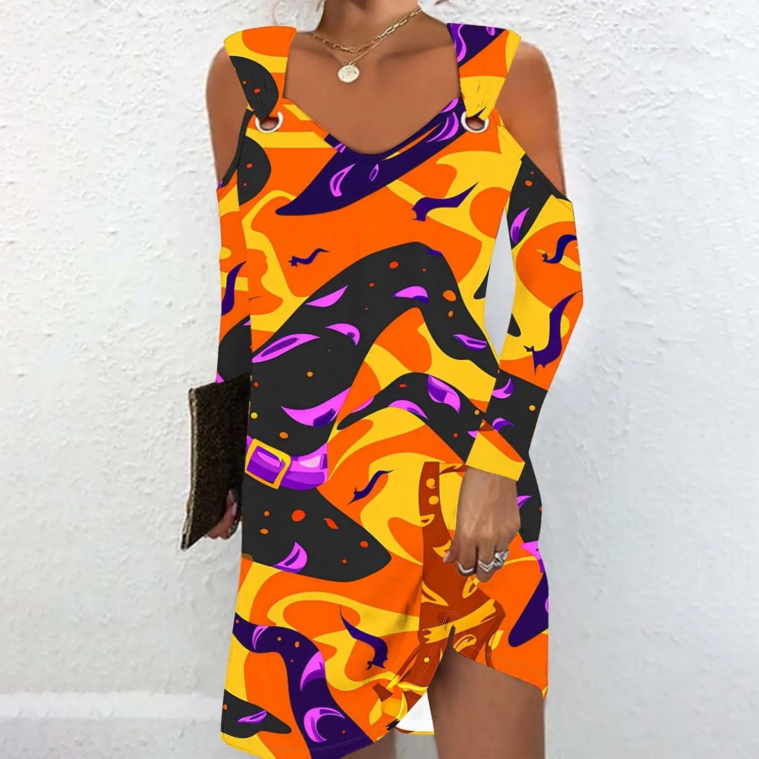 Trendy Halloween Prints Short Dress Long Sleeve Unique Casual Shift Midi Dress Cold Shoulder Party Graphic Dresses