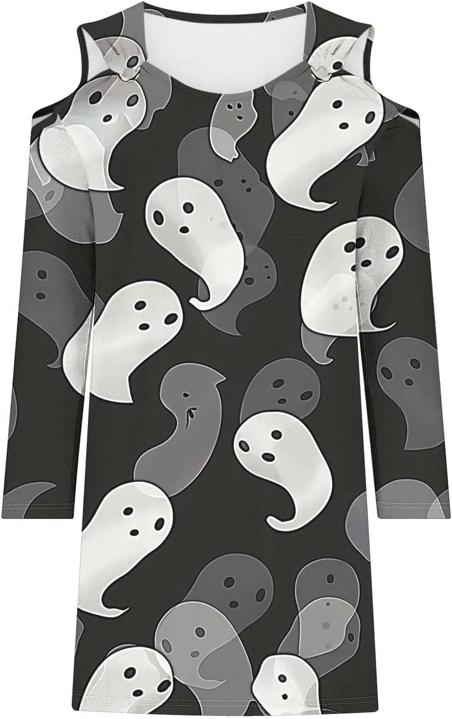 Trendy Halloween Prints Short Dress Long Sleeve Unique Casual Shift Midi Dress Cold Shoulder Party Graphic Dresses
