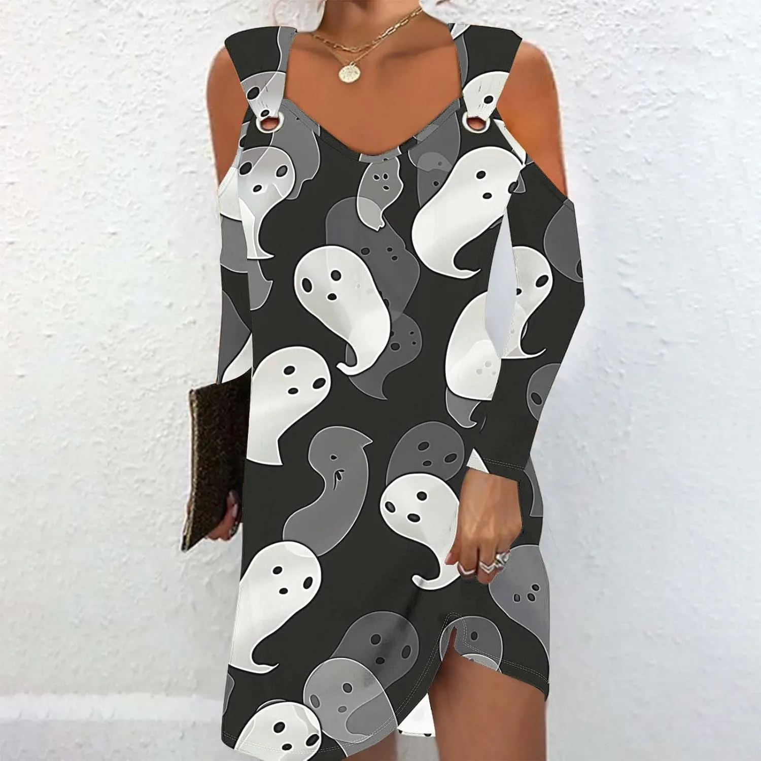 Trendy Halloween Prints Short Dress Long Sleeve Unique Casual Shift Midi Dress Cold Shoulder Party Graphic Dresses