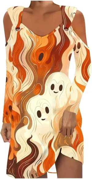 Trendy Halloween Prints Short Dress Long Sleeve Unique Casual Shift Midi Dress Cold Shoulder Party Graphic Dresses