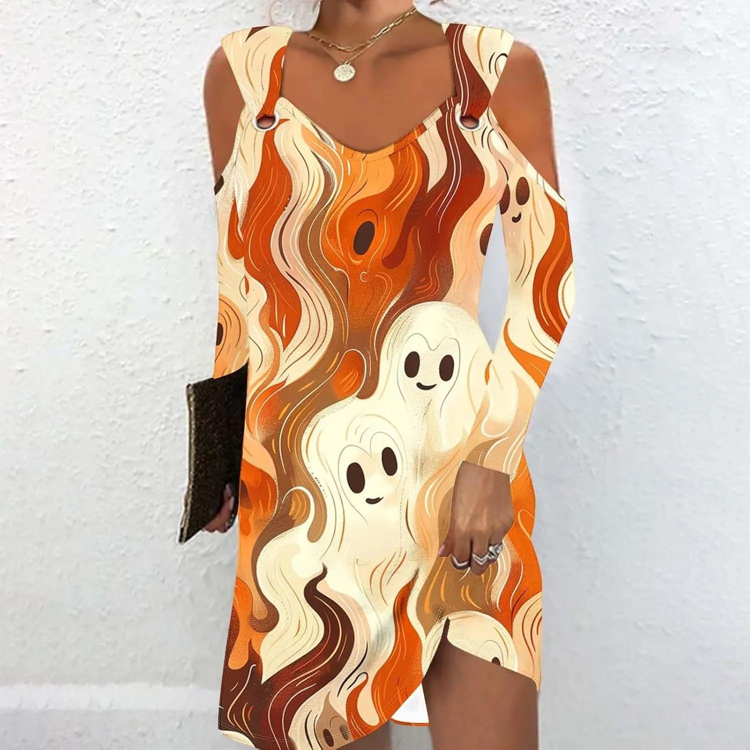Trendy Halloween Prints Short Dress Long Sleeve Unique Casual Shift Midi Dress Cold Shoulder Party Graphic Dresses