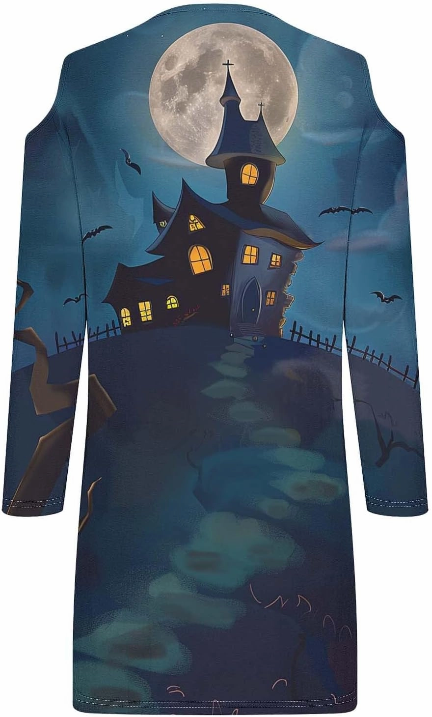 Trendy Halloween Prints Short Dress Long Sleeve Unique Casual Shift Midi Dress Cold Shoulder Party Graphic Dresses