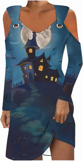 Trendy Halloween Prints Short Dress Long Sleeve Unique Casual Shift Midi Dress Cold Shoulder Party Graphic Dresses