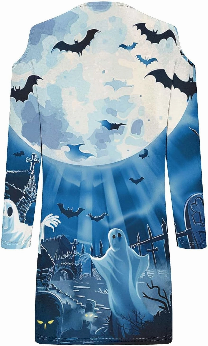 Trendy Halloween Prints Short Dress Long Sleeve Unique Casual Shift Midi Dress Cold Shoulder Party Graphic Dresses