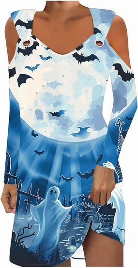 Trendy Halloween Prints Short Dress Long Sleeve Unique Casual Shift Midi Dress Cold Shoulder Party Graphic Dresses