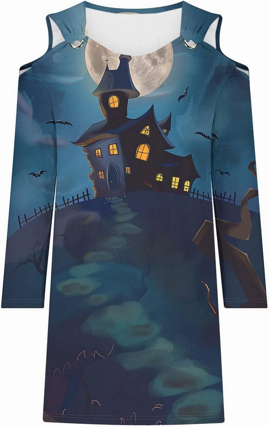 Trendy Halloween Prints Short Dress Long Sleeve Unique Casual Shift Midi Dress Cold Shoulder Party Graphic Dresses