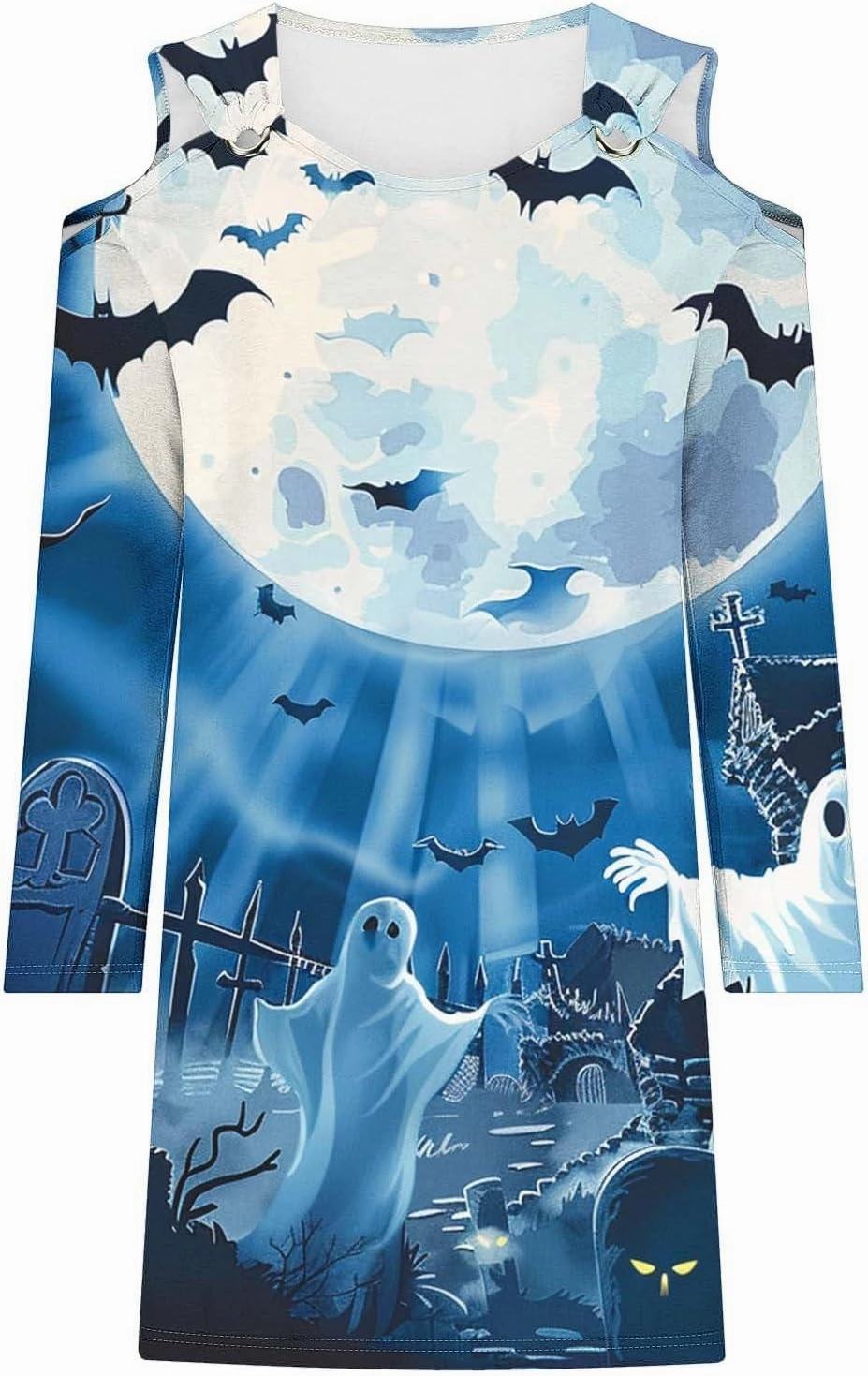 Trendy Halloween Prints Short Dress Long Sleeve Unique Casual Shift Midi Dress Cold Shoulder Party Graphic Dresses