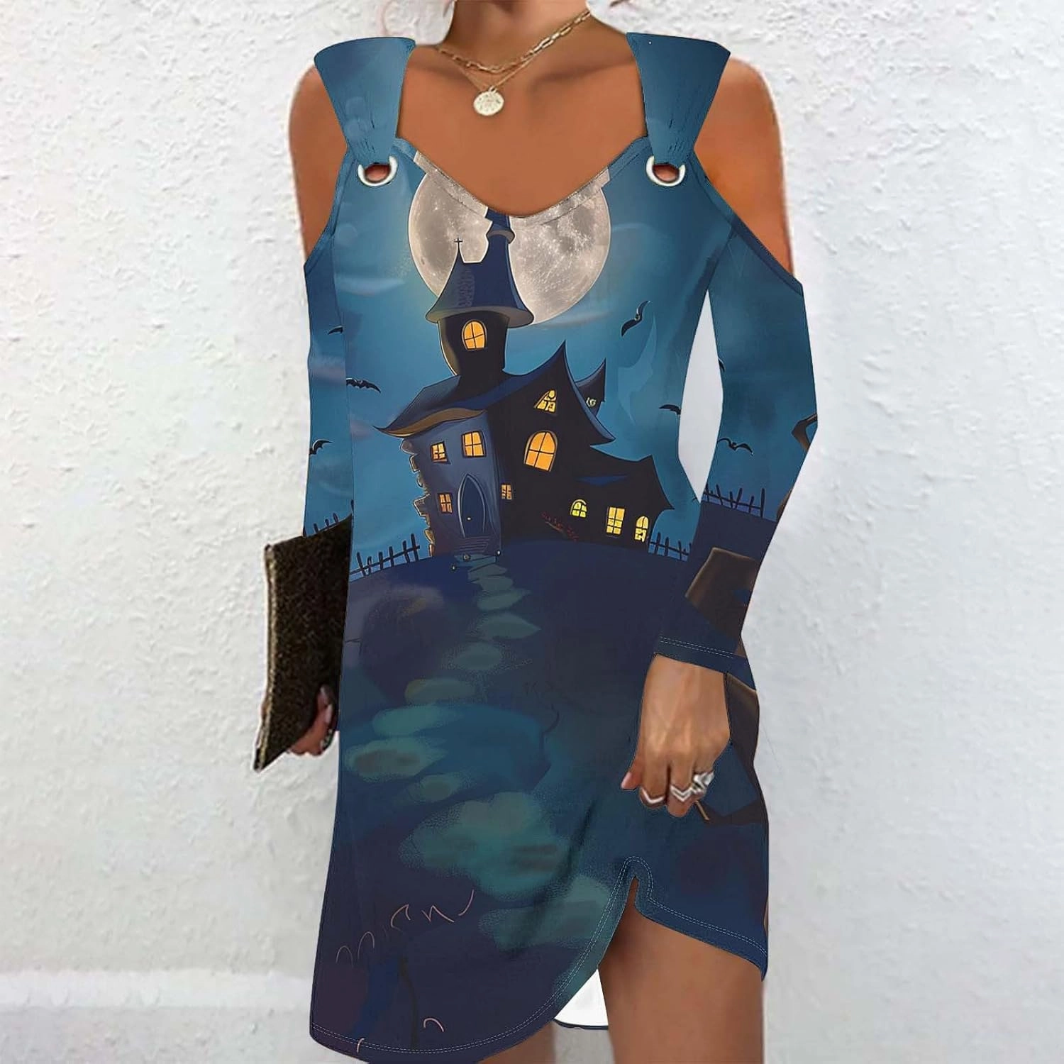 Trendy Halloween Prints Short Dress Long Sleeve Unique Casual Shift Midi Dress Cold Shoulder Party Graphic Dresses