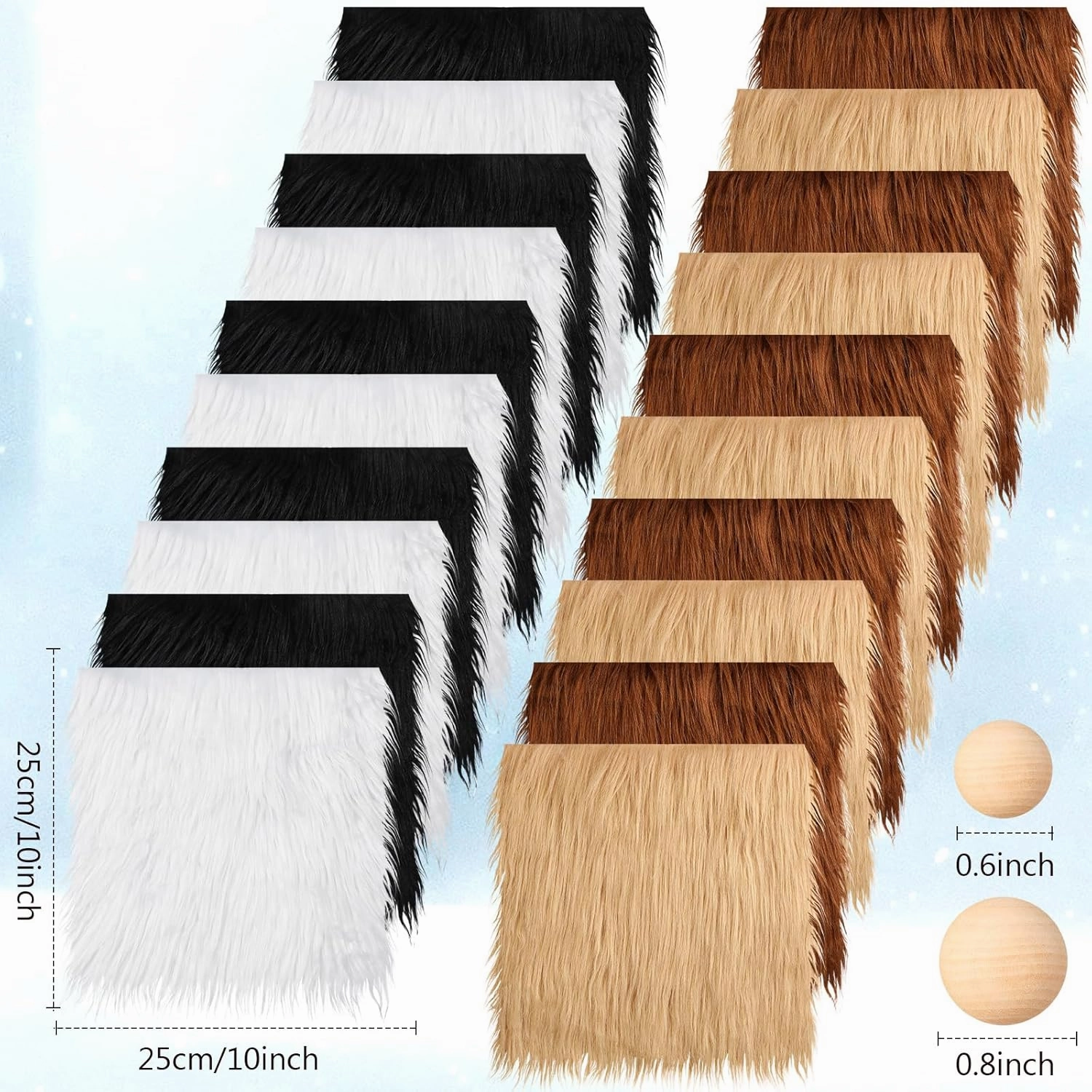 Tudomro 20 Pcs Faux Fur Fabric 10" x 10" with 40 Pcs Wood Balls, Shaggy Faux Fur Square Patches, Gnome Beards for Crafting Sewing Costume Rug Pillow Cushion Pad Chair Cover(Retro Color)