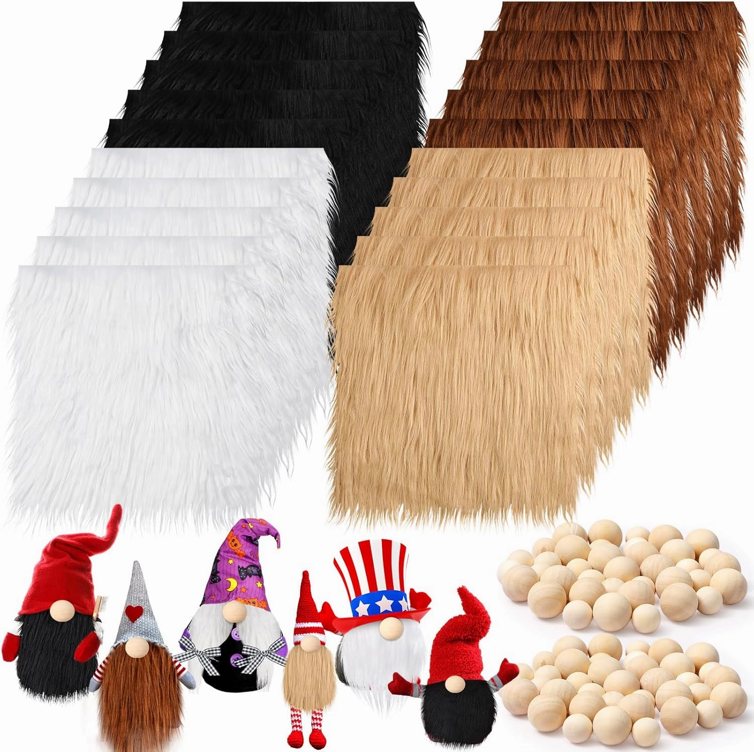 Tudomro 20 Pcs Faux Fur Fabric 10" x 10" with 40 Pcs Wood Balls, Shaggy Faux Fur Square Patches, Gnome Beards for Crafting Sewing Costume Rug Pillow Cushion Pad Chair Cover(Retro Color)