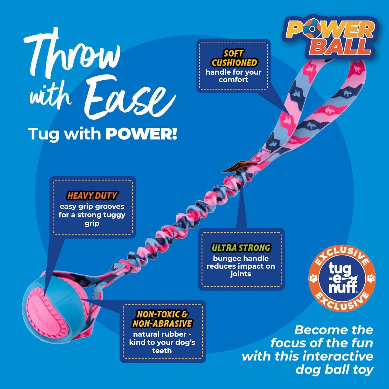 Tug-E-Nuff - PowerBall Bungee Tug | Shock Absorbing Bungee Handle | Durable Ball Toy for Dogs | Ideal for Interactive Dog Training and Dogs of All Ages | 43cm (17inches) in Size