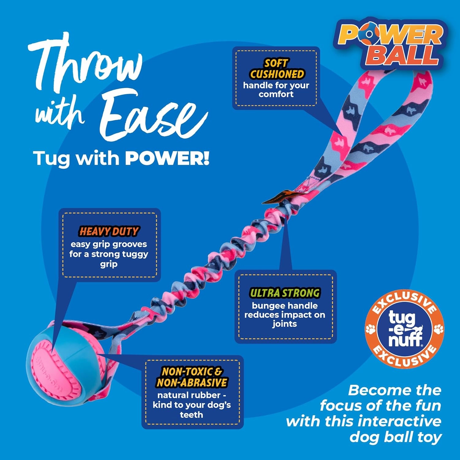 Tug-E-Nuff - PowerBall Bungee Tug | Shock Absorbing Bungee Handle | Durable Ball Toy for Dogs | Ideal for Interactive Dog Training and Dogs of All Ages | 43cm (17inches) in Size