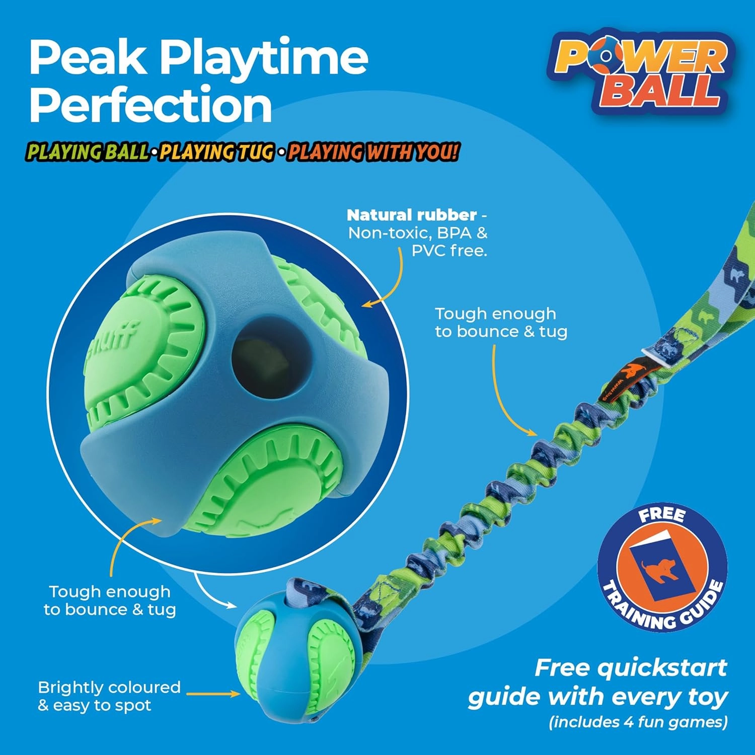 Tug-E-Nuff - PowerBall Bungee Tug | Shock Absorbing Bungee Handle | Durable Ball Toy for Dogs | Ideal for Interactive Dog Training and Dogs of All Ages | 43cm (17inches) in Size