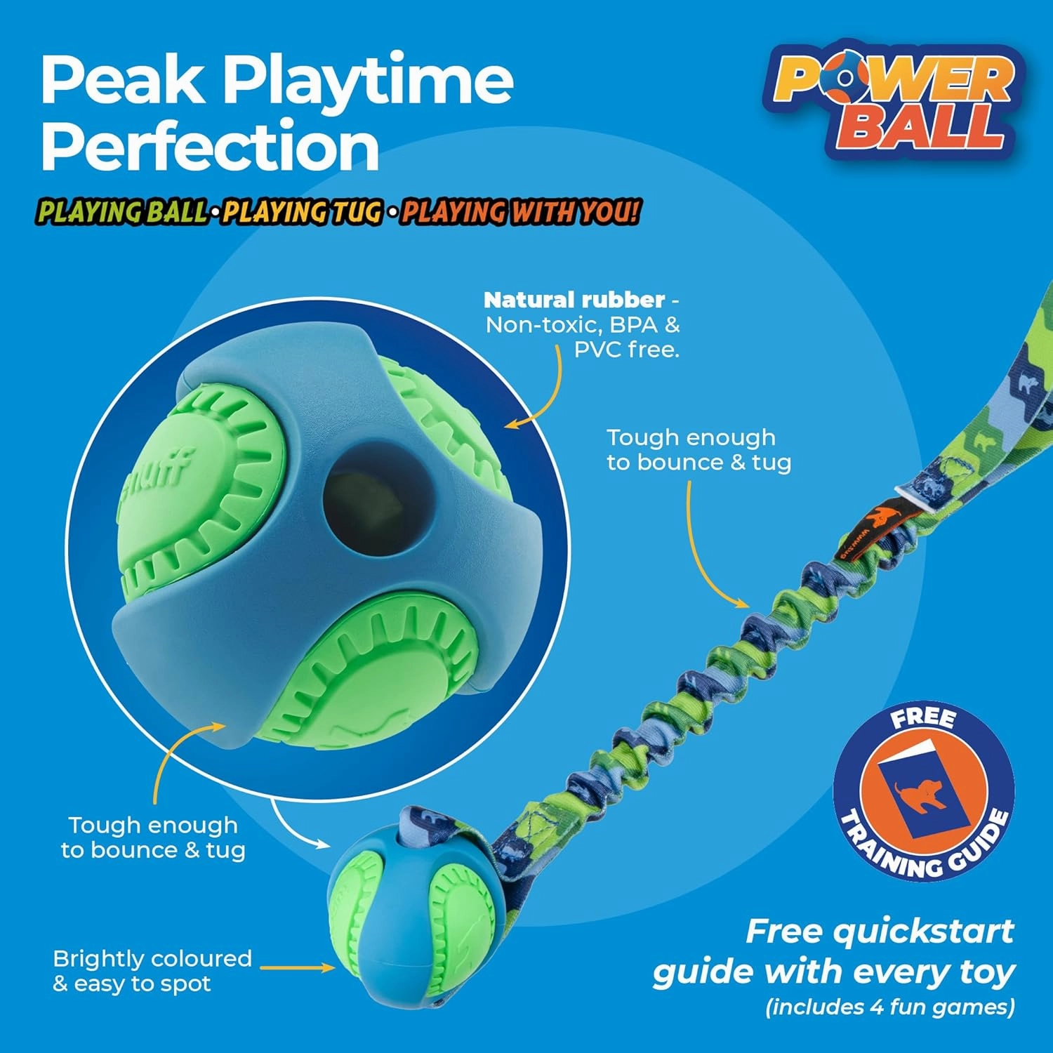 Tug-E-Nuff - PowerBall Bungee Tug | Shock Absorbing Bungee Handle | Durable Ball Toy for Dogs | Ideal for Interactive Dog Training and Dogs of All Ages | 43cm (17inches) in Size