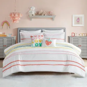 Twin Comforter Set, Cotton Comforter Set, Casual Fun Colors Chenille Stripes, All Seasons Fluffy Comforter Bed Set, 1 Sham, 2 Decor Pillows, Haisley, Twin, Pink Multi 4 Piece