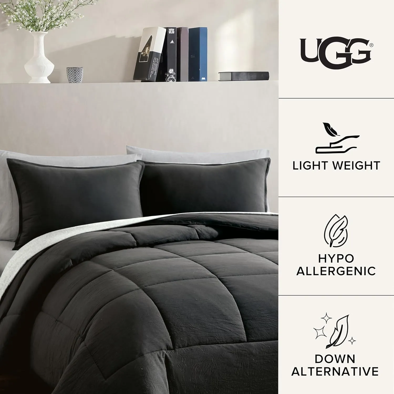 UGG Leonora Comforter Set with 2 Pillow Shams Lightweight Down Alternative Blanket Reversible Cozy Warm All Season Washable and Hypoallergenic Bedding Set, King, Charcoal Grey