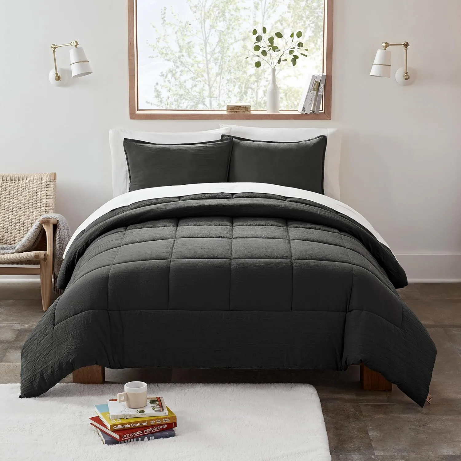 UGG Leonora Comforter Set with 2 Pillow Shams Lightweight Down Alternative Blanket Reversible Cozy Warm All Season Washable and Hypoallergenic Bedding Set, King, Charcoal Grey