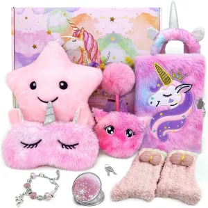 Unicorns Gifts for Girls Toys 6 7 8 9 10 Year Old Tie-Dye Playset Includes Star Stuffed Mirror Diary Eyemask Headband Purse Pen Bracelet and Sock